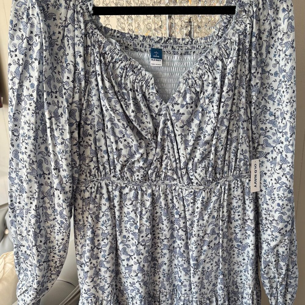 NWT Old Navy Blue Paisley Tiered Mini Dress Sz L tall